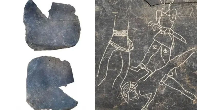 Placa de pizarra tallada del siglo VI-V a.C. hallada en un yacimiento tartésico.